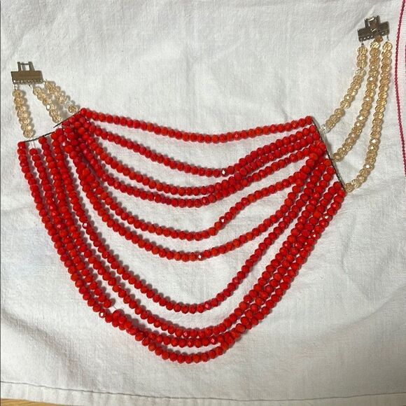 Elegant African Red and Gold Beaded Necklace - Picture 1 of 7
